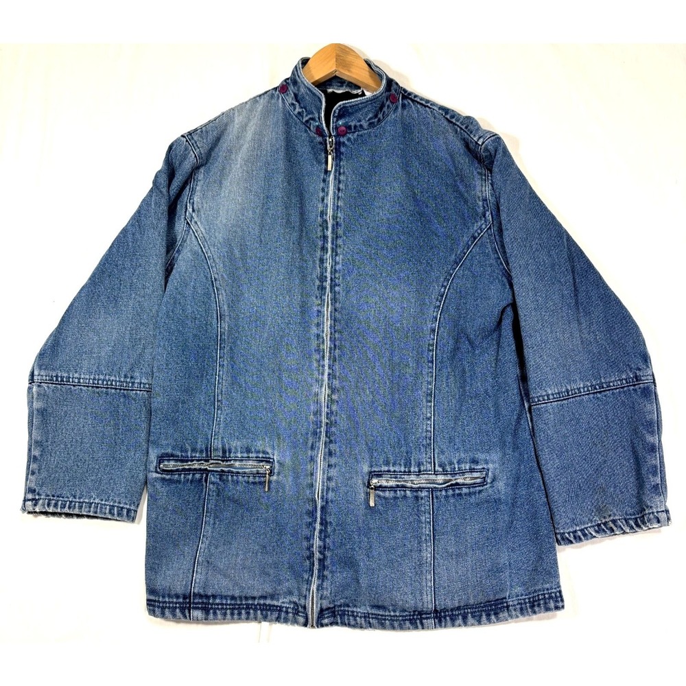 Vtg NorthStyle Denim Jacket Blue Flannel Lined Plaid Barn Chore Coat Utility L